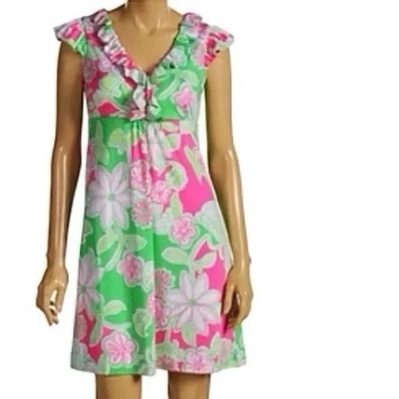 Vintage Lilly Pulitzer XL Green Pink Floral Silk Midi Dress Ruffle V Neck Empire - Picture 1 of 10